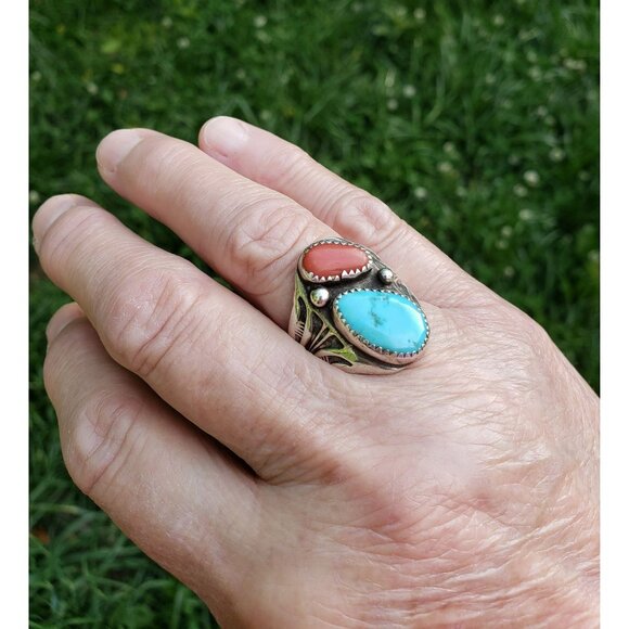Vintage NA Turquoise Coral Native American Sterling Silver Ring Signed AR RR - Picture 3 of 15